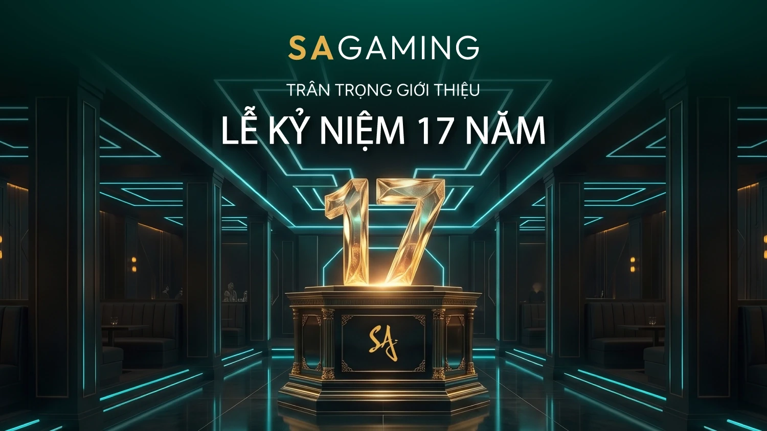 SA Gaming 17th Anniversary graphic featuring a golden number 17 in a futuristic dark hall with neon cyan lit architecture.